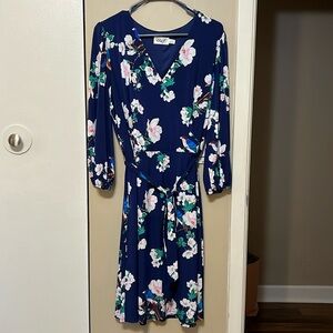 Eliza J Blue Floral/Bird Print Faux Wrap Tie Dress